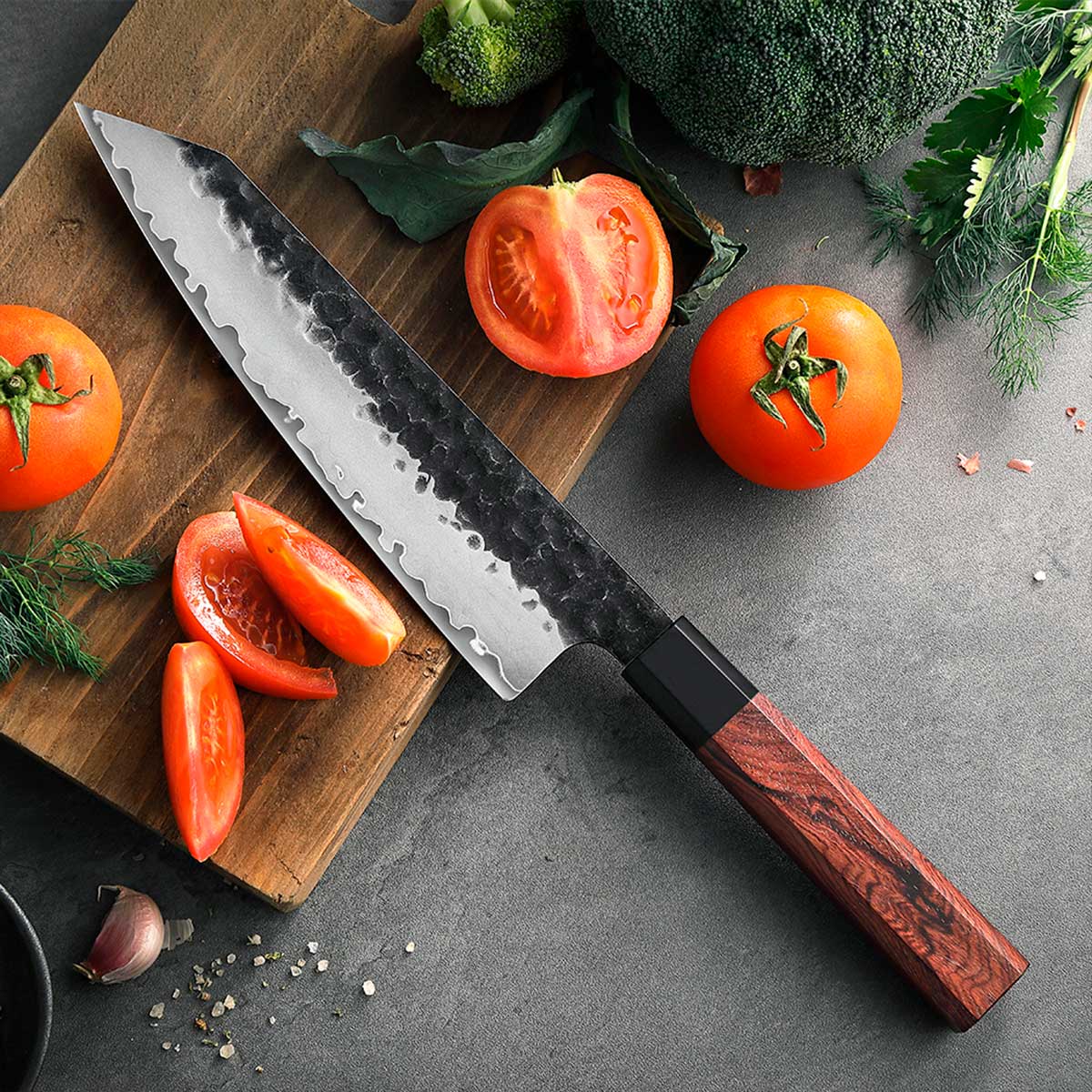 Cuchillo Kiritsuke 21cm 10Cr Martillado+Kurouchi Secuoya