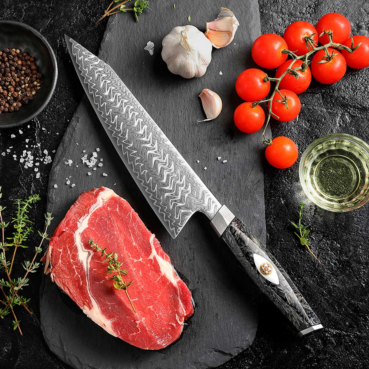 Cuchillo Gyuto 22cm M390+Damasco Flamas | PREMIUM