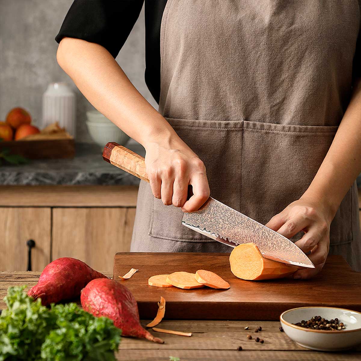 Cuchillo Gyuto 21cm 12Cr+Damasco Cobre Sicomoro | PREMIUM