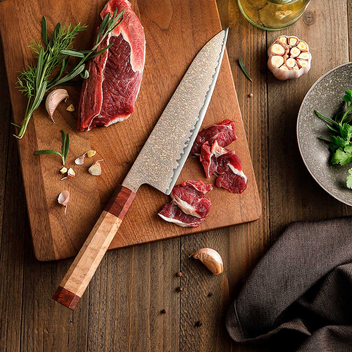 Cuchillo Gyuto 21cm 12Cr+Damasco Cobre Sicomoro | PREMIUM