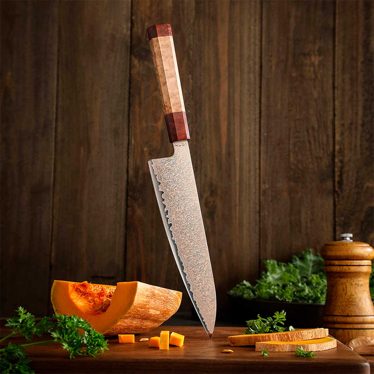 Cuchillo Gyuto 21cm 12Cr+Damasco Cobre Sicomoro | PREMIUM